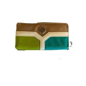 New Kate Landry Color Block Taupe Green Blue Zip Closure Leather Wallet